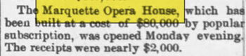 Marquette Opera House - Feb 10 1892 Opening